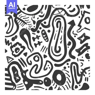 Aset desain premium: Abstract Black and White Doodle Pattern with Organic Shapes