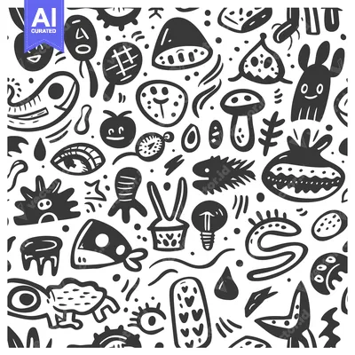 Abstract Black and White Doodle Pattern with Various Shapes and Creatu