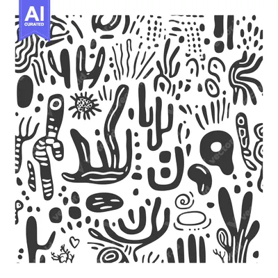 Abstract black and white doodle pattern with various shapes and lines.
