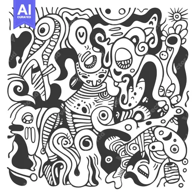 Aset premium populer: Abstract Black and White Doodle with Faces and Patterns