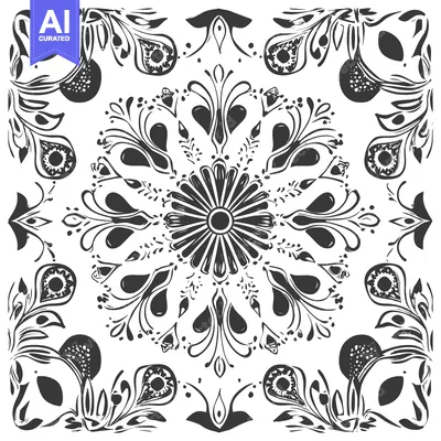 Abstract Black and White Floral Pattern with Central Circle