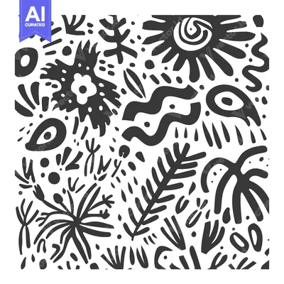 Abstract Black and White Floral Pattern with Geometric Shapes