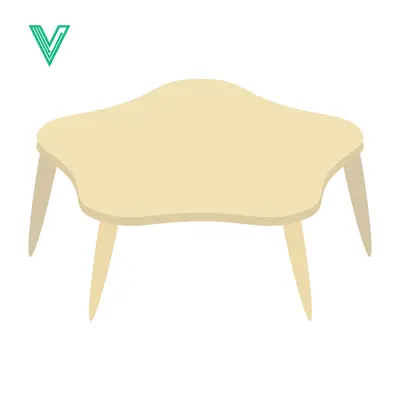 A unique light-colored five-legged table with a curved top