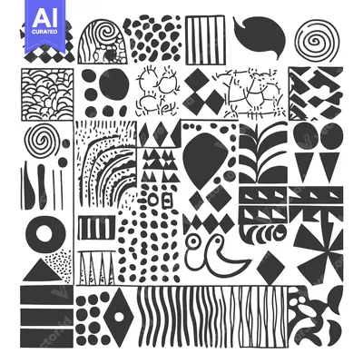 Abstract black and white geometric pattern with various shapes and tex