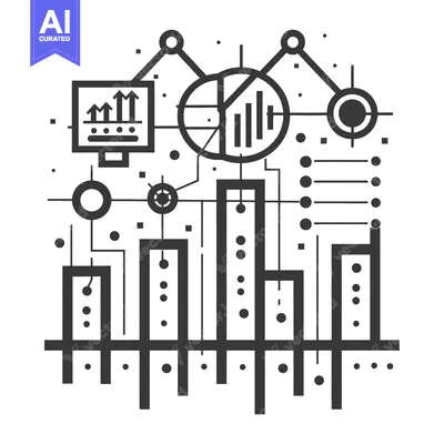 Abstract Black and White Graphic with Bar Charts, Circles, and Lines