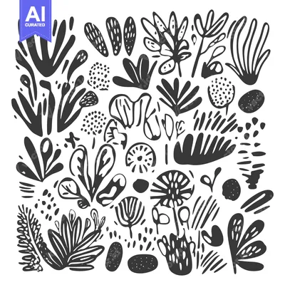 Aset premium populer: Abstract Black and White Hand-Drawn Floral Pattern