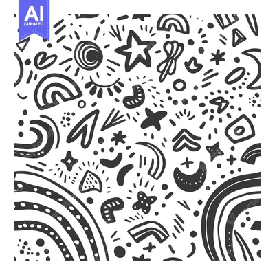 Abstract Black and White Hand-Drawn Pattern with Geometric Shapes and