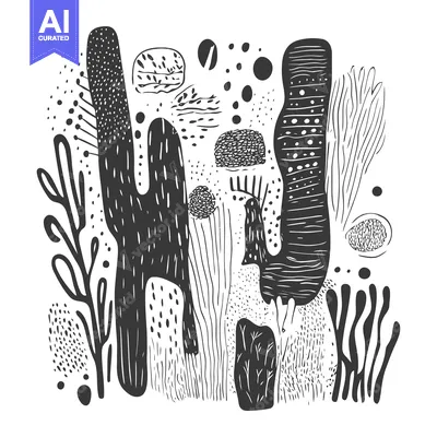 Aset desain premium: Abstract Black and White Hand-Drawn Pattern with Organic Shapes