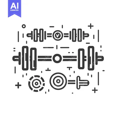 Aset desain premium: Abstract Black and White Illustration of Dumbbells, Weights, and Circl