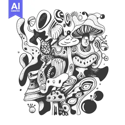Abstract Black and White Illustration of Mushrooms, Eyes, and Organic