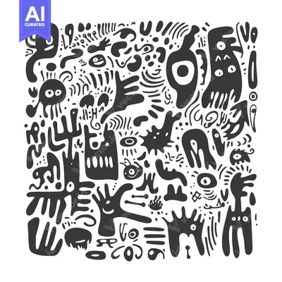 Aset premium populer: Abstract Black and White Illustration with Various Shapes and Eyes