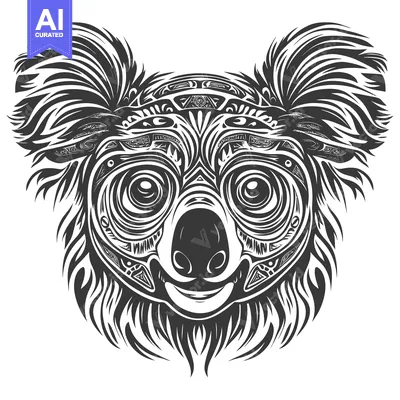 Aset desain premium: Abstract Black and White Koala Illustration with Geometric Pattern