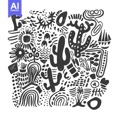 Abstract Black and White Pattern with Cactus and Geometric Shapes