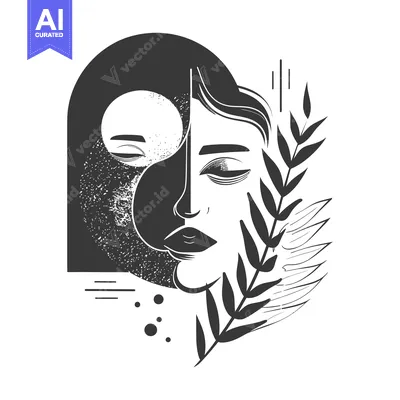 Aset premium populer: Abstract Black and White Portrait with Plant and Geometric Shapes