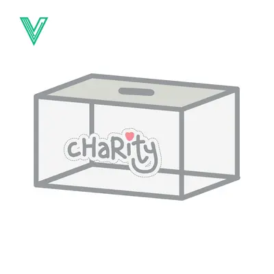 Transparent charity donation box with the word charity and a heart symbol