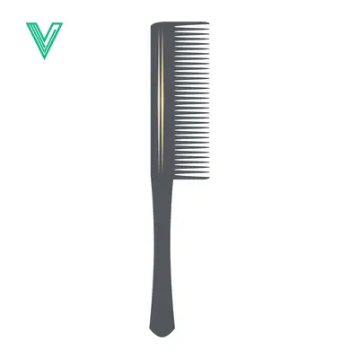 A sleek dark grey comb with fine teeth and a long handle isolated on a white background