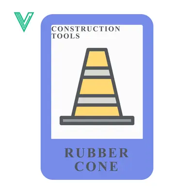 Illustration of a yellow rubber traffic cone with reflective stripes labeled Construction Tools and Rubber Cone