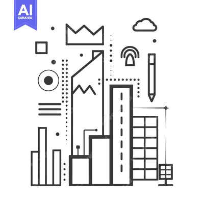Abstract Cityscape with Geometric Shapes and Symbols