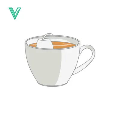A simple illustration of a white teacup with a tea bag steeping in hot water