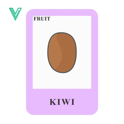 Illustration of a single kiwi fruit on a white background with the word KIWI and FRUIT displayed