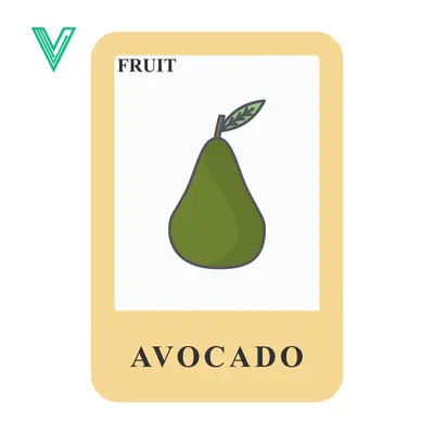 Illustration of an Avocado fruit with the word Avocado and Fruit on a card