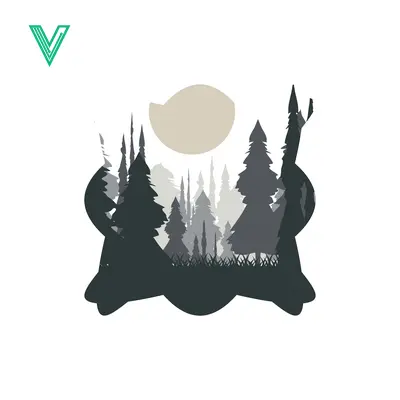 Aset desain premium: Stylized Forest Silhouette with Moon and Trees