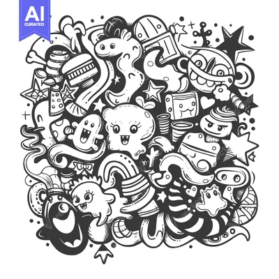 Aset premium populer: Abstract Doodle Art with Cute Monsters, Stars, and Geometric Shapes
