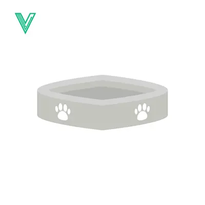 Simple illustration of a grey corner litter box with paw prints