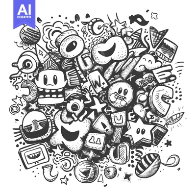 Aset premium populer: Abstract Doodle Art with Geometric Shapes and Faces