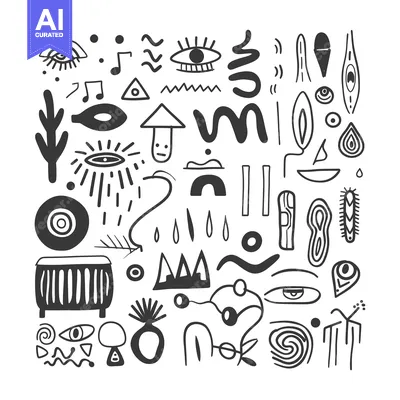 Aset desain premium: Abstract Doodle Collection of Eyes, Shapes, and Symbols