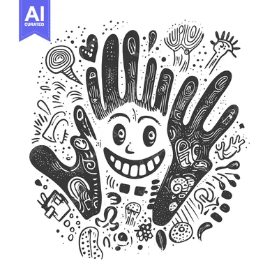 Abstract Doodle Illustration of a Smiling Face Made of Hands and Surro