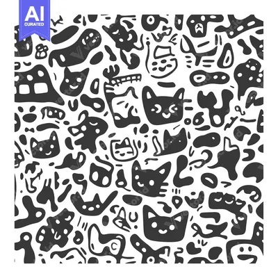 Aset desain premium: Abstract doodle pattern with cartoon cat faces and organic shapes