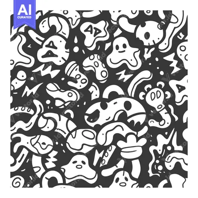Aset premium populer: Abstract Doodle Pattern with White Shapes and Black Background