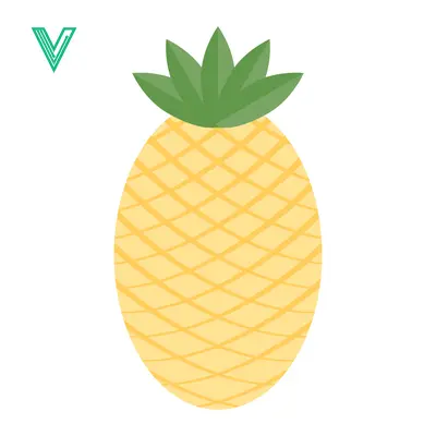 Stylized Yellow Pineapple Fruit with Green Leaves Isolated on White Background