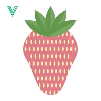 Stylized Strawberry Illustration with Seeds and Green Leaves