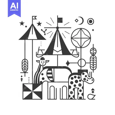 Premium design asset: Abstract Geometric Circus Illustration with Animals and Tent