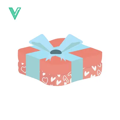 A beautifully wrapped gift box with a light blue ribbon and bow adorned with small white hearts on a coral pink background