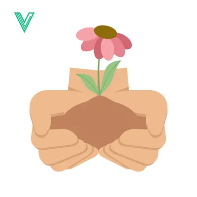 Hands holding soil with a blooming flower seedling
