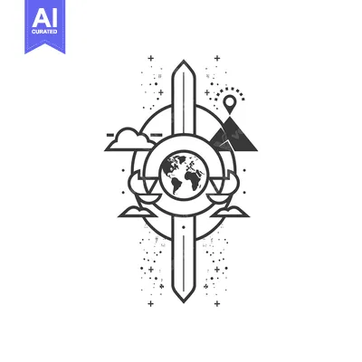 Abstract Geometric Design Featuring a Globe and a Mountain Peak