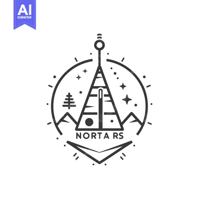 Abstract Geometric Design Featuring a Tower, Mountains, Stars, and Tre