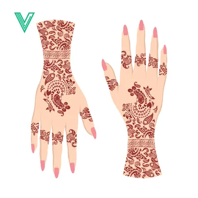Intricate Henna Designs on Two Hands Front and Back Views