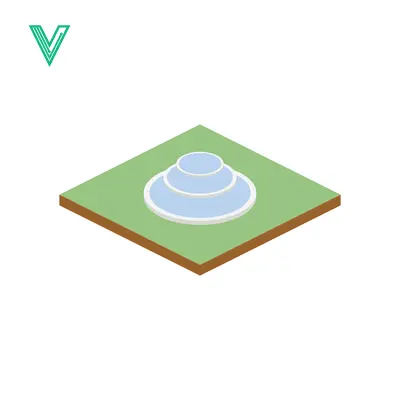 Isometric view of a stylized fountain on a green grassy square