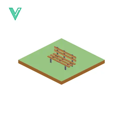 Isometric wooden park bench on green grass square