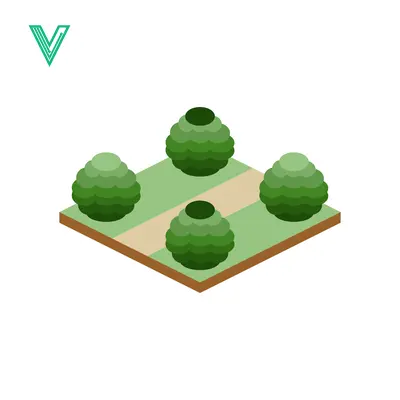 Isometric Garden Design with Four Green Spherical Bushes and Path