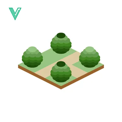 Isometric Garden Design with Four Green Bushes and Paths