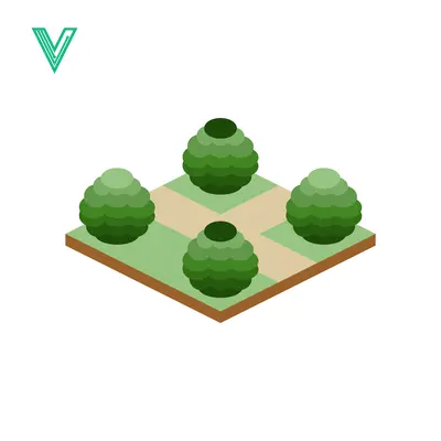 Isometric Garden Design with Four Topiary Bushes and Paths