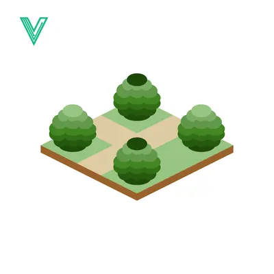 Isometric Garden Design with Four Topiary Bushes and Paths