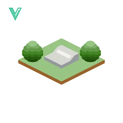 Isometric 3D Model of a Minimalist Landscape with a Stone Structure and Green Trees