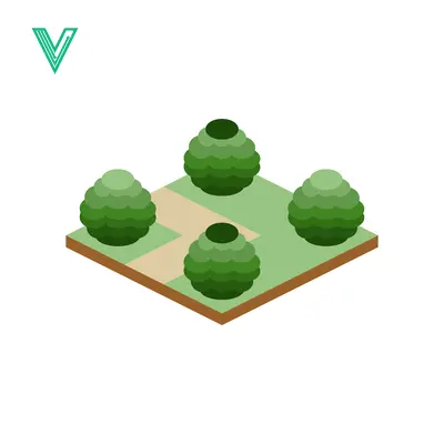 Isometric Garden Design with Four Spherical Bushes and Path