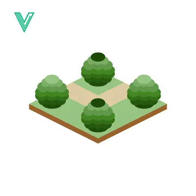 Isometric Garden Design with Four Topiary Bushes and Paths